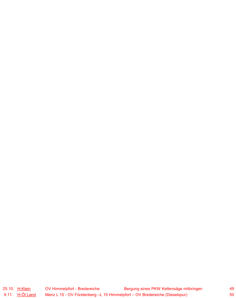 25.10. H-Klein OV Himmelpfort - Bredereiche Bergung eines PKW Kettensäge mitbringen 49 9.11. H-Öl Land Menz L 15 - OV Fürstenberg –L 15 Himmelpfort – OV Bredereiche (Dieselspur) 50